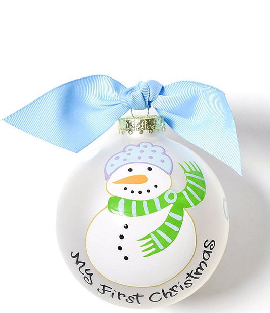 Coton Colors My First Christmas Snowman Boy Glass Ornament with Swirl Stand Set