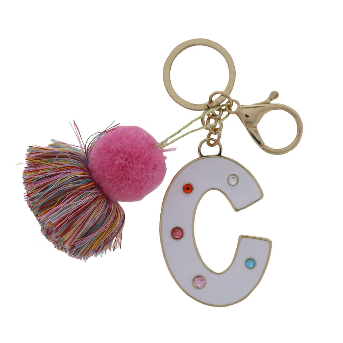 WHITE ENAMEL LETTER WITH MULTI CRYSTALS & POM TASSEL KEYCHAIN - Persnickety Shop
