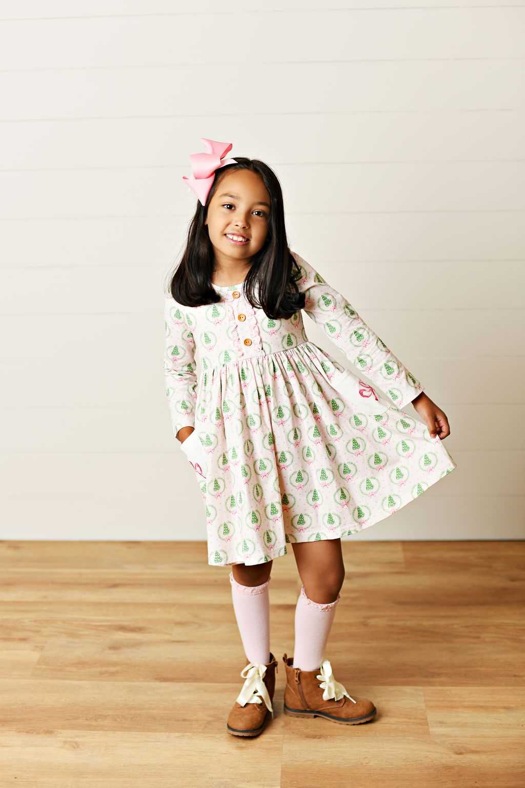 Swoon Baby by Serendipity – Pink Bow with Christmas Tree Bliss Pocket Twirl Dress with Embroidery - Persnickety Shop