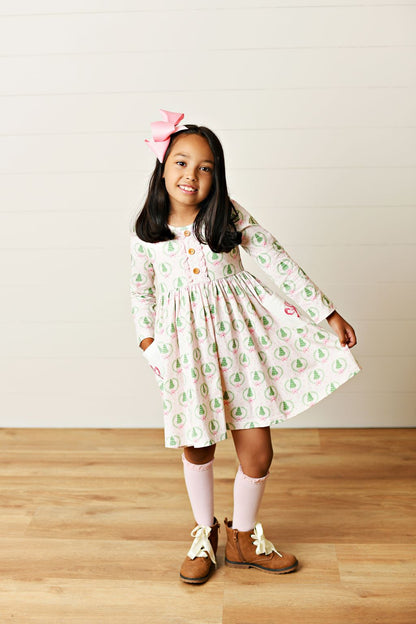 Swoon Baby by Serendipity – Pink Bow with Christmas Tree Bliss Pocket Twirl Dress with Embroidery - Persnickety Shop
