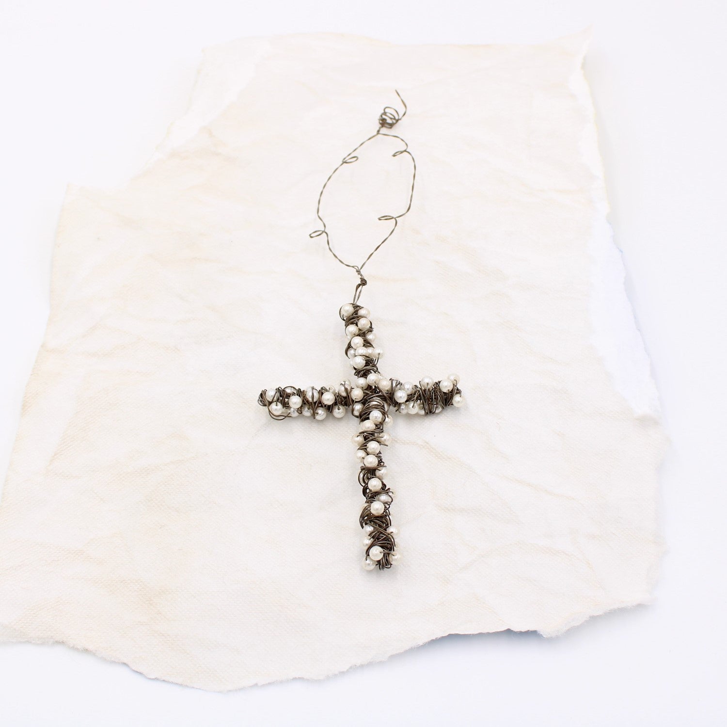 6" Wire Cross with Pearls, Ornament (11" with hanger) - Persnickety Shop