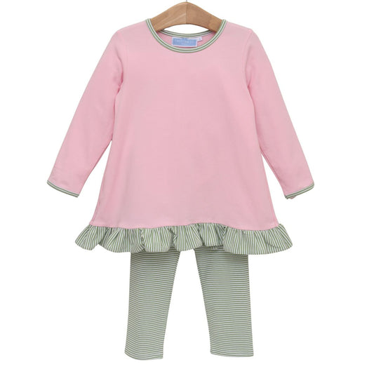 Trotter Street Kids Girl Mila Pant Set- Green Stripe/Light Pin