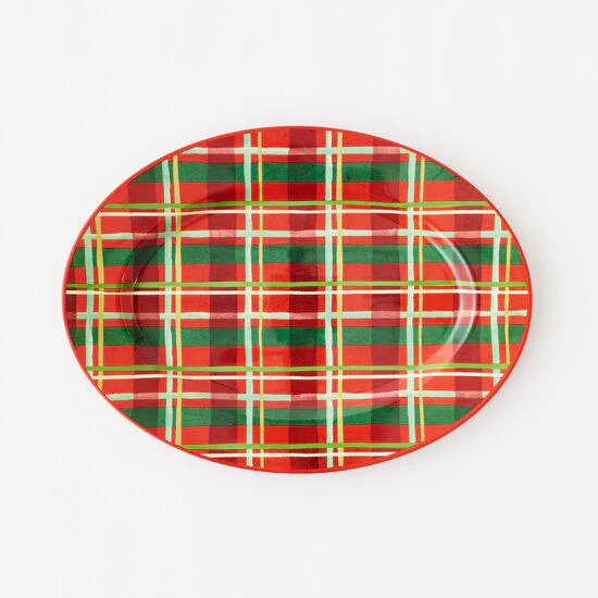 Enamel Christmas Plaid Oval Platter, Melamine, 17" - Persnickety Shop