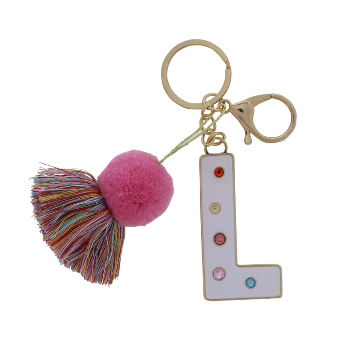 WHITE ENAMEL LETTER WITH MULTI CRYSTALS & POM TASSEL KEYCHAIN - Persnickety Shop