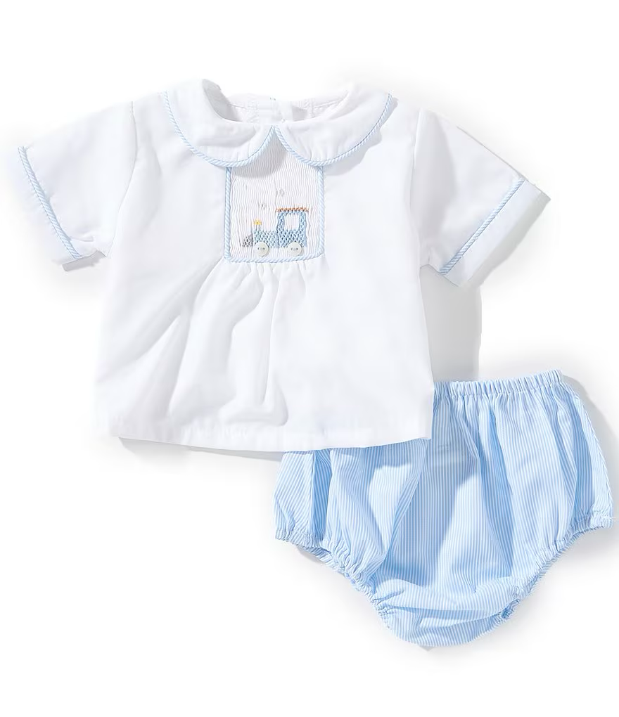 Petit Ami Boys Hand Picture Smocked Train Top & Diaper Set
