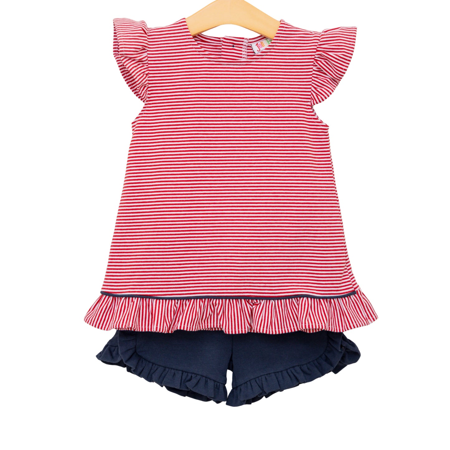 Jellybean Girl's Gracie Ruffle Short Set- Red Stripe and Navy