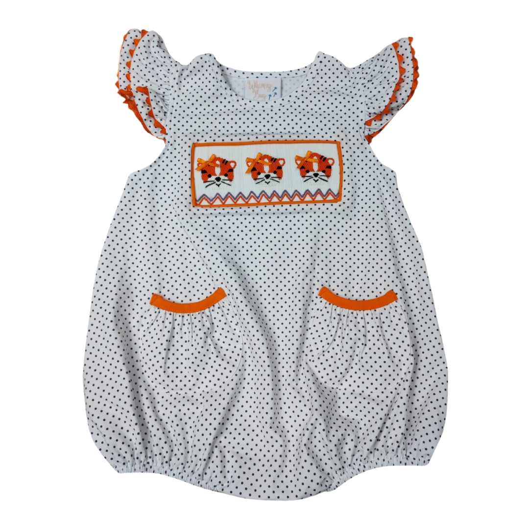 CLEMSON Orange & Purple Tiger Smocked Faye Flutter Bubble - Persnickety Shop