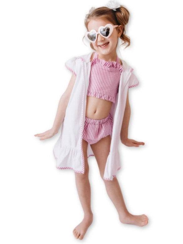 Classic Terry Hooded Cover-Up with Pink Seersucker Trim - Persnickety Shop