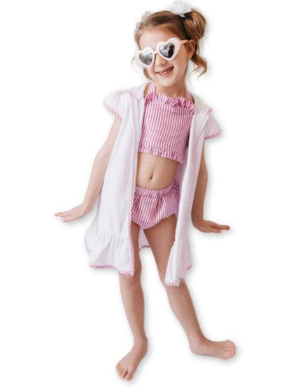 Classic Terry Hooded Cover-Up with Pink Seersucker Trim - Persnickety Shop