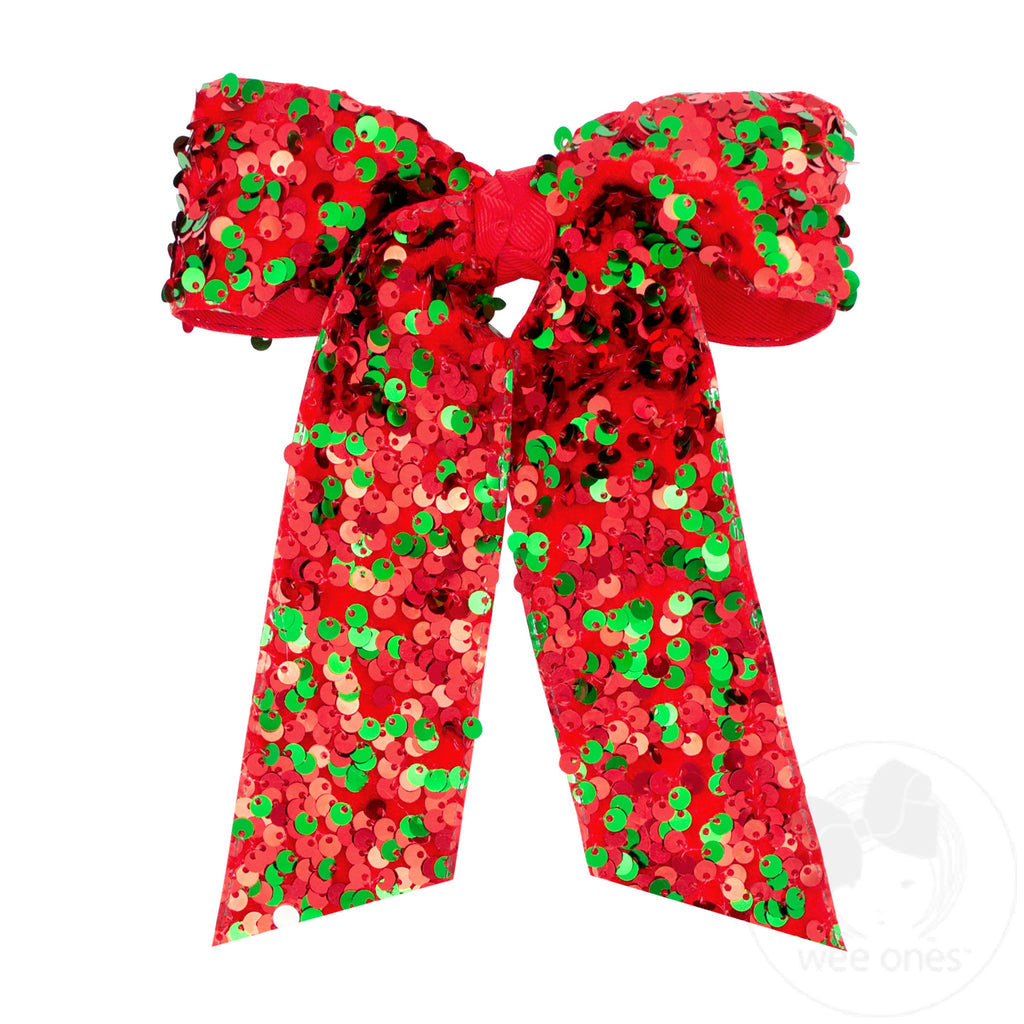 Wee Ones King Red and Green Velvet Sequin Two-loop Hair Bow with Long Front Tails and Knot Wrap1