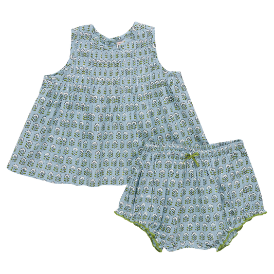 Pink Chicken - Baby Girls Jaipur 2-PC Set - Blue Prairie Block Print - Persnickety Shop