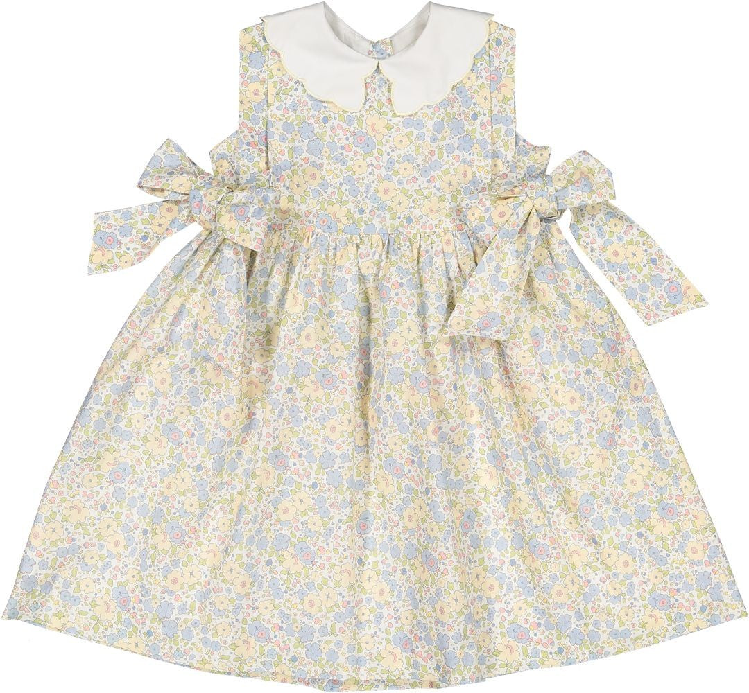 Sal & Pimenta Girls Dress - Blue & Yellow Cupcakes Floral - Scallop Collar & Side Bows - Persnickety Shop