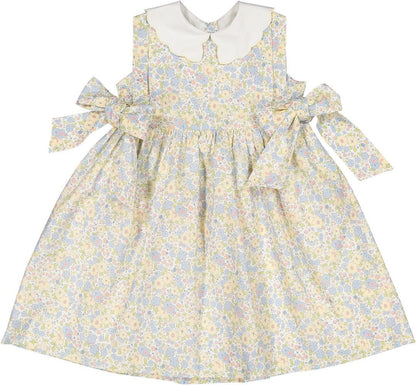 Sal & Pimenta Girls Dress - Blue & Yellow Cupcakes Floral - Scallop Collar & Side Bows - Persnickety Shop