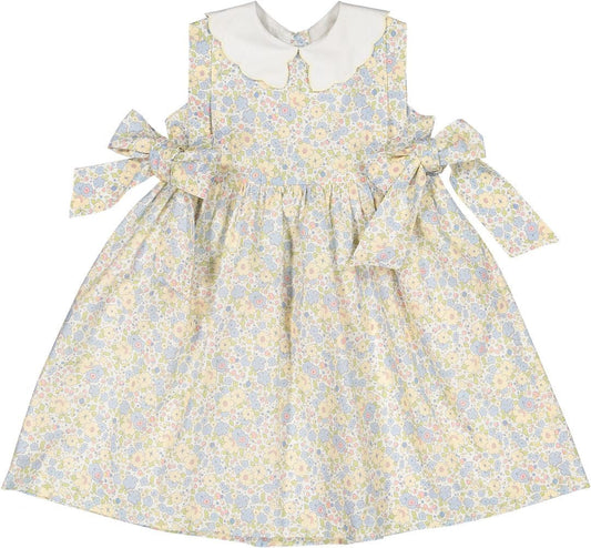 Sal & Pimenta Girls Dress - Blue & Yellow Cupcakes Floral - Scallop Collar & Side Bows - Persnickety Shop