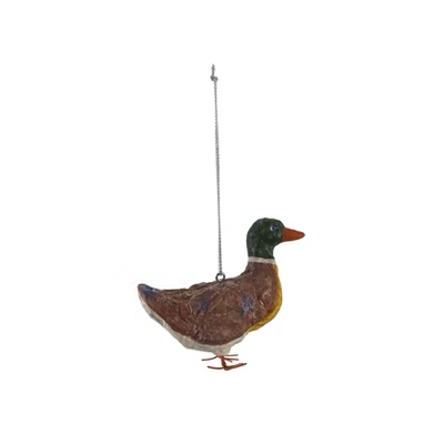 Handcrafted Paper Mache Duck Ornament with Iron Accents, Multicolor