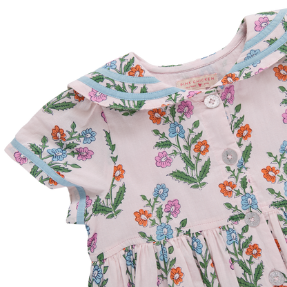 Pink Chicken - Girls Elowen Dress - Pink Dewdrop Block Print Spring - Persnickety Shop