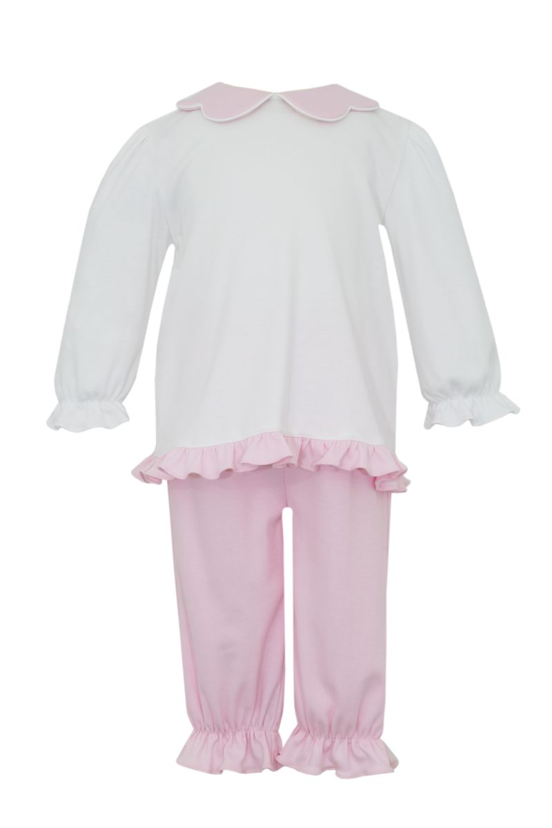 Pink knit pant set w/ scalloped collar and w/white knit top L/S - Persnickety Shop