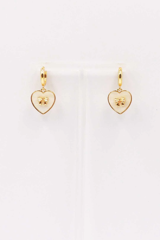 Gold Pearlized Heart Stud with Gold Bow .5" Earring - Persnickety Shop