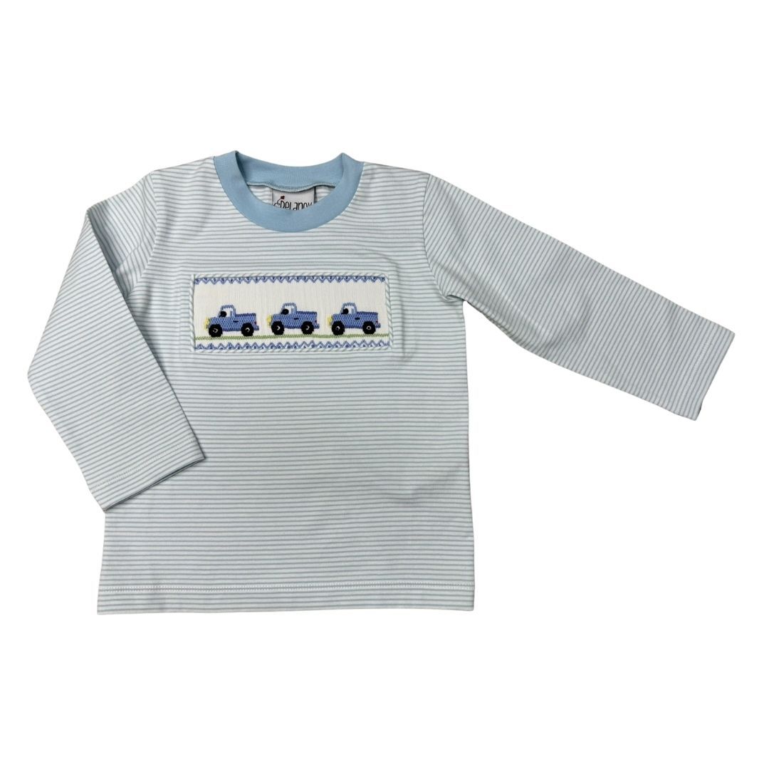 BOYS BLUE/WHITE STRIPE SMOCKED TRUCK LONG SHIRTL/S SHIRT by Delaney - Persnickety Shop