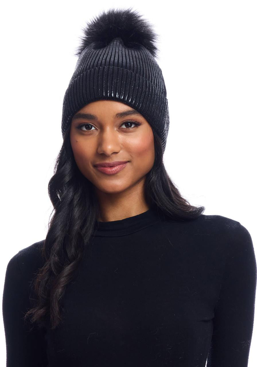 Black Metallic Knit Faux Fur Pom Hat - Persnickety Shop