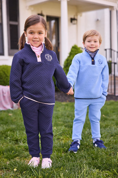 Little English Classic Quilted Pullover - Light Pink with Light Blue