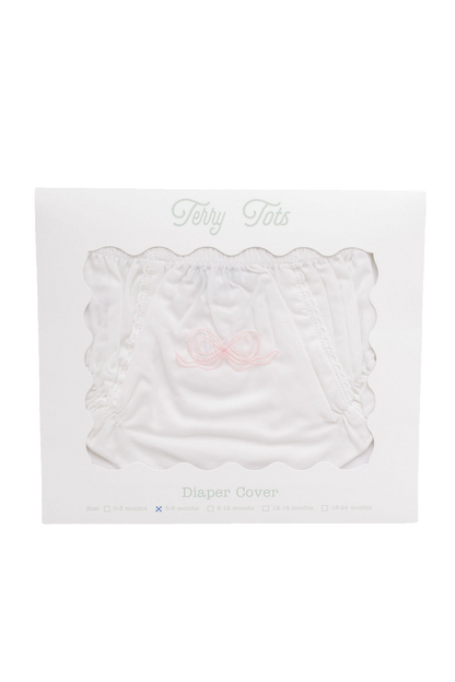 Terry Tots Diaper Cover – White With Pink Bow 3-6M
