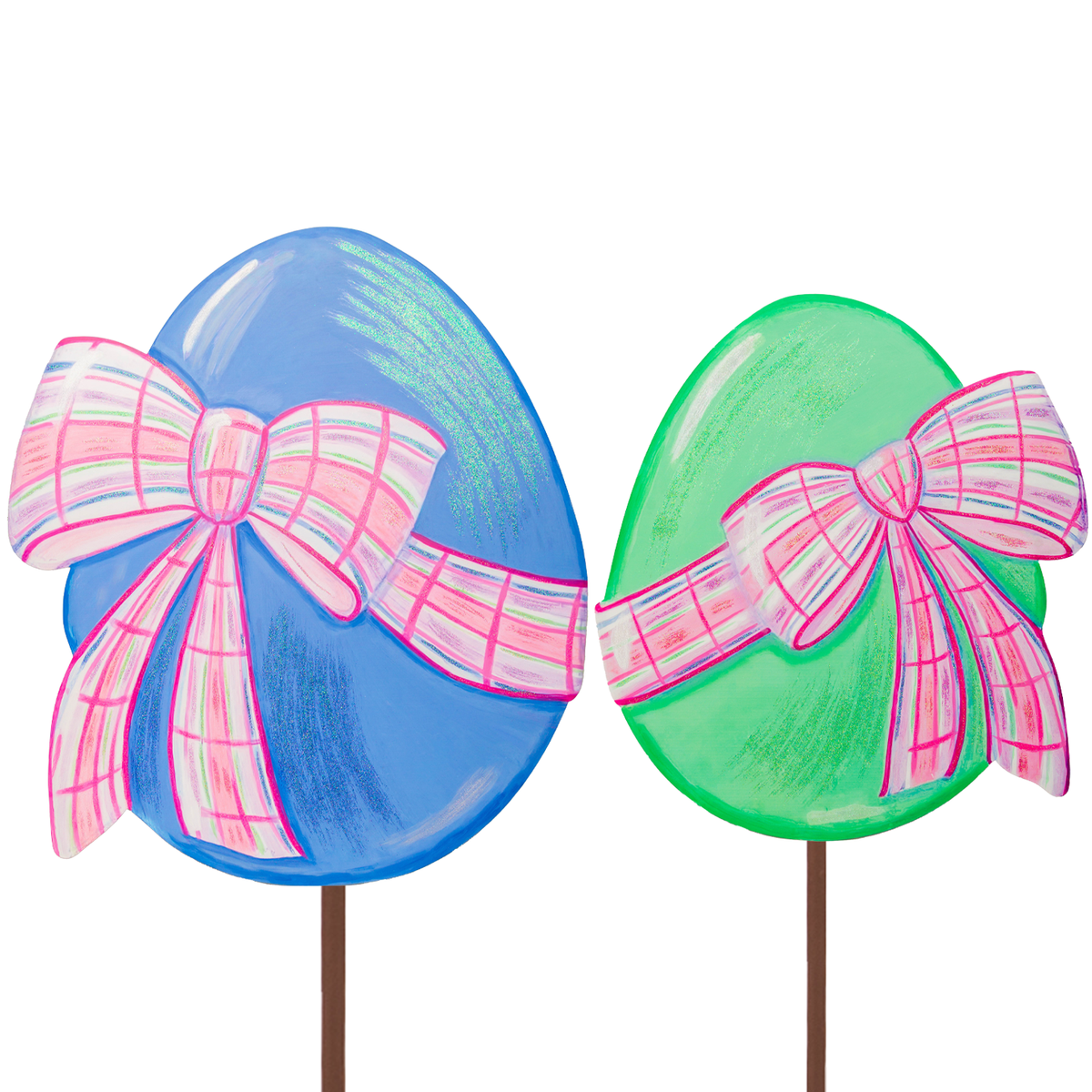 The Round Top Collection Periwinkle & Green Eggs with Plaid Bows – Set of 2 Yard Décor - Persnickety Shop