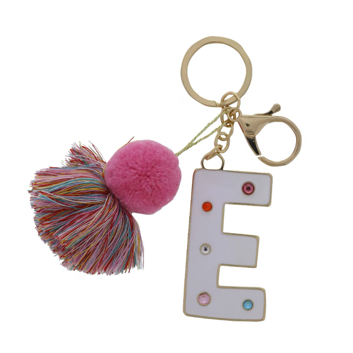 WHITE ENAMEL LETTER WITH MULTI CRYSTALS & POM TASSEL KEYCHAIN - Persnickety Shop