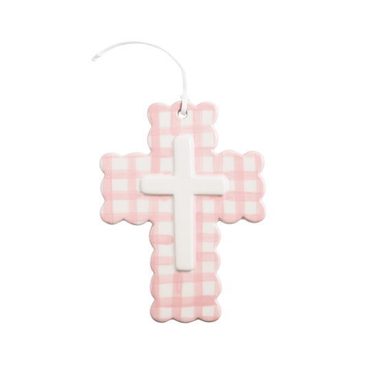 Pink Gingham Ceramic Cross - Persnickety Shop