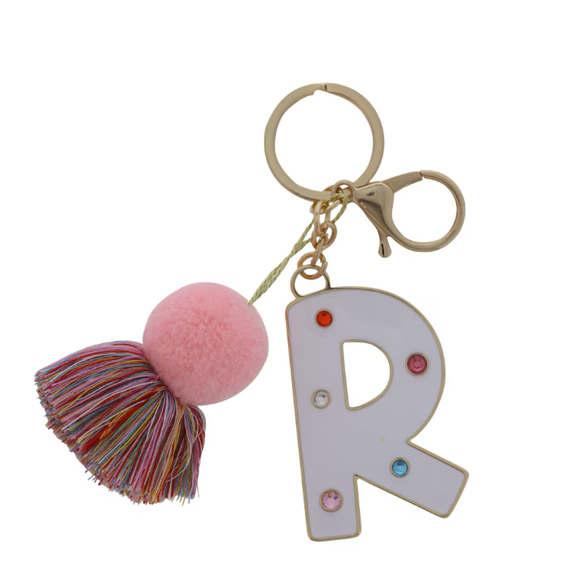 WHITE ENAMEL LETTER WITH MULTI CRYSTALS & POM TASSEL KEYCHAIN - Persnickety Shop