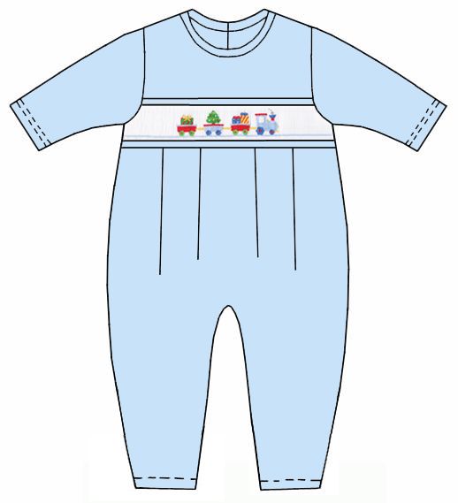 PRE-ORDER CHRISTMAS TRAIN -Lt.blue knit boy´s long footie L/S NO/FEET - Persnickety Shop