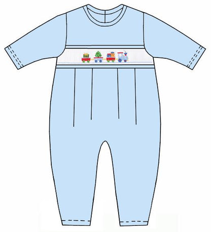 PRE-ORDER CHRISTMAS TRAIN -Lt.blue knit boy´s long footie L/S NO/FEET - Persnickety Shop