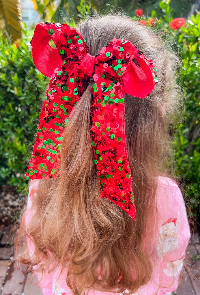 Wee Ones King Red and Green Velvet Sequin Two-loop Hair Bow with Long Front Tails and Knot Wrap1