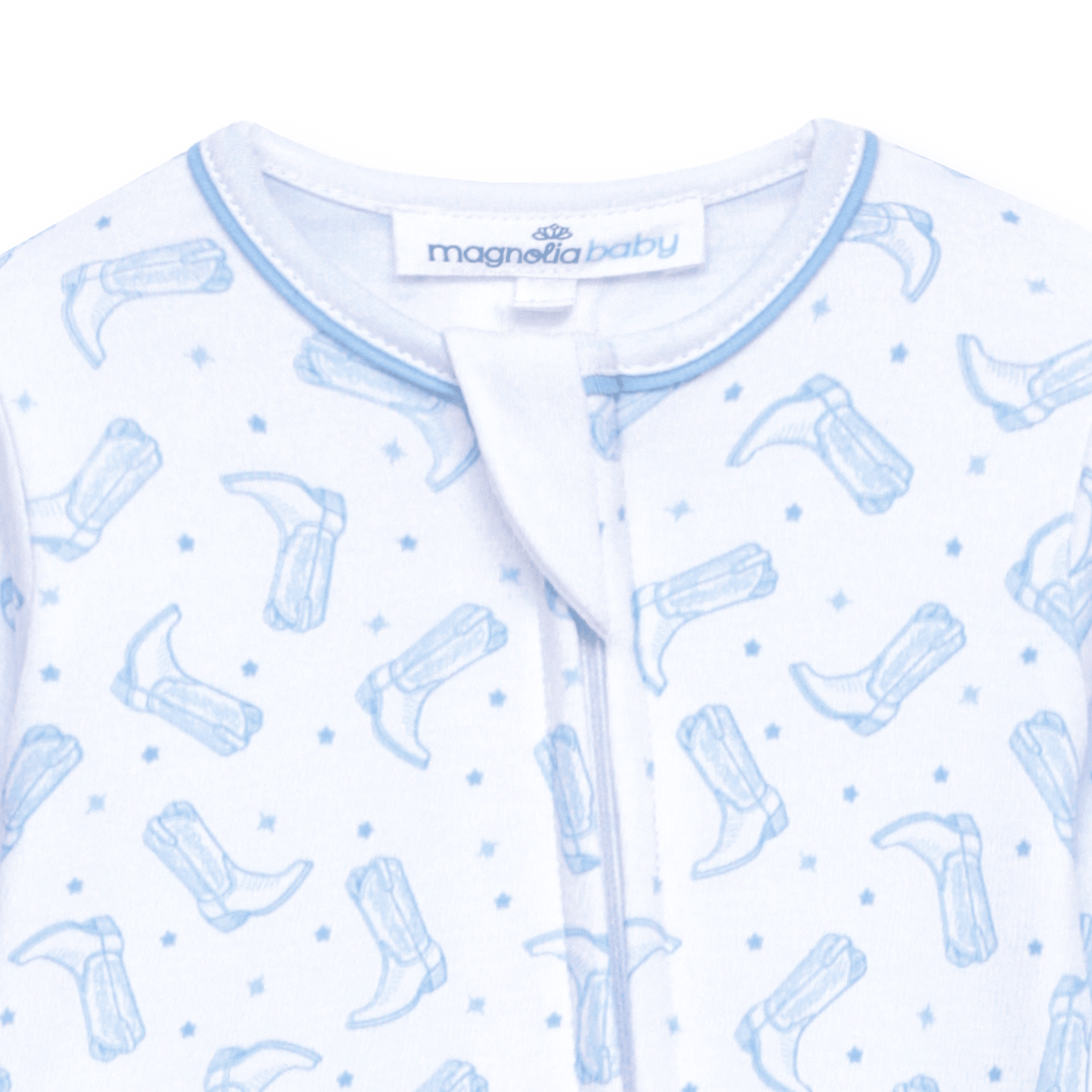 MAGNOLIA BABY Darling Cowboy Boots Print Zip Footie - Light Blue