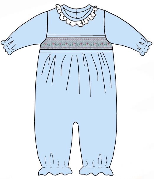 Mery Blue Knit  Long Sleeve Romper FOOTLESS- Smocked Pink Rosettes - Persnickety Shop