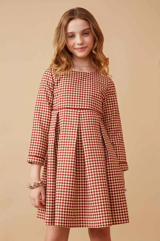 Hayden Piping Detailed Burgundy Houndstooth Box Pleat Dress – Tween Girls - Persnickety Shop