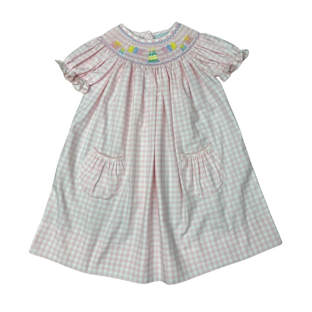 GIRLS PINK CHECK SS SMOCKED BIRTHDAY CAKE & BALLOONS BISHOP DRESS by Delaney - Persnickety Shop