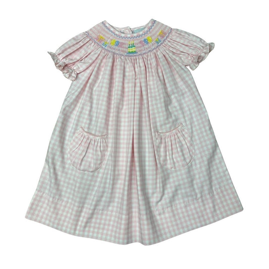 GIRLS PINK CHECK SS SMOCKED BIRTHDAY CAKE & BALLOONS BISHOP DRESS by Delaney - Persnickety Shop