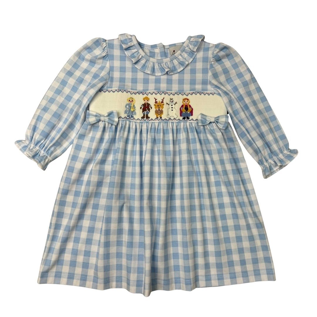 GIRLS BLUE & WHITE GINGHAM FROZEN FRIENDS RUFFLE COLLAR DRESS by Delaney - Persnickety Shop