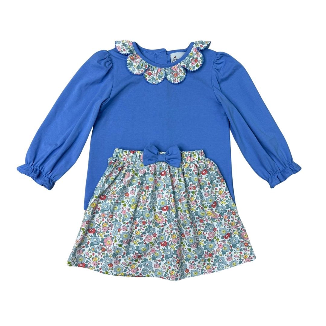 GIRLS FALL FLORAL SKIRT W/ BOWS & BLUE KNIT LS RUFFLE FLORAL COLLAR by Delaney - Persnickety Shop