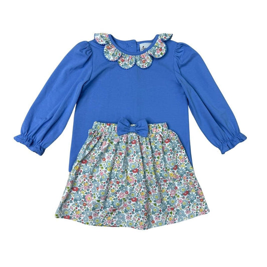 GIRLS FALL FLORAL SKIRT W/ BOWS & BLUE KNIT LS RUFFLE FLORAL COLLAR by Delaney - Persnickety Shop