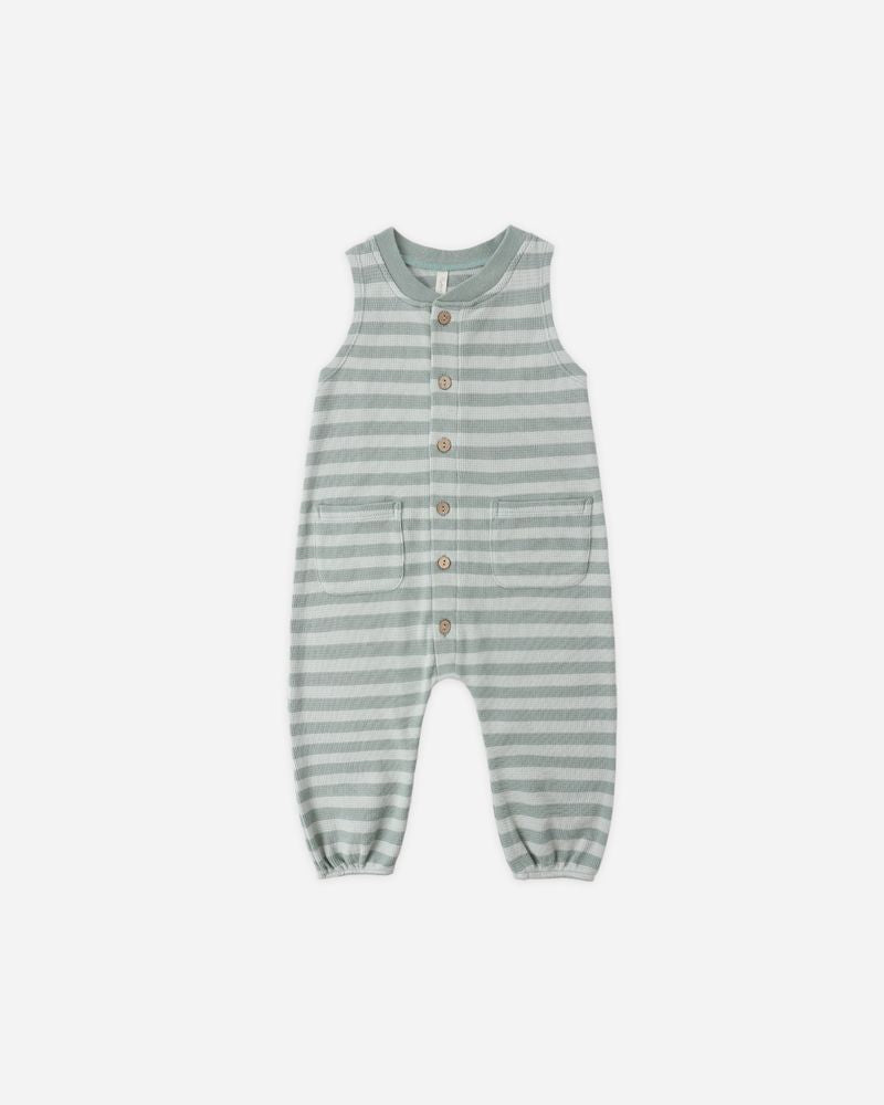 SUMMER WAFFLE JUMPSUIT SEA GREEN STRIPE - Persnickety Shop