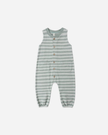 SUMMER WAFFLE JUMPSUIT SEA GREEN STRIPE - Persnickety Shop