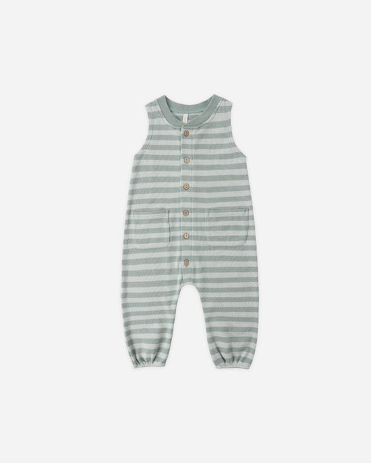 SUMMER WAFFLE JUMPSUIT SEA GREEN STRIPE - Persnickety Shop