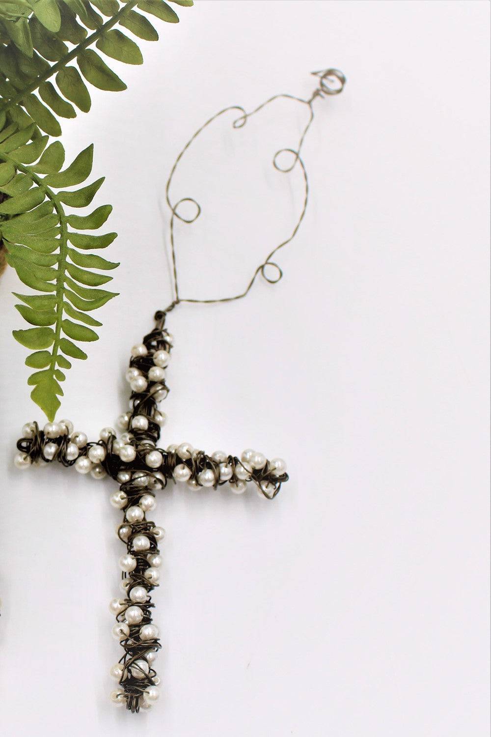 6" Wire Cross with Pearls, Ornament (11" with hanger) - Persnickety Shop