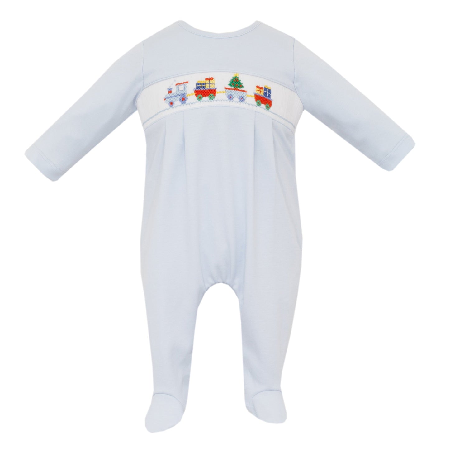 Petit Bebe Light blue smocked  knit boy´s long footie L/S NO/FEET - Persnickety Shop