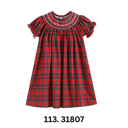 Lil Cactus Red Christmas Plaid Smocked Bishop Dress