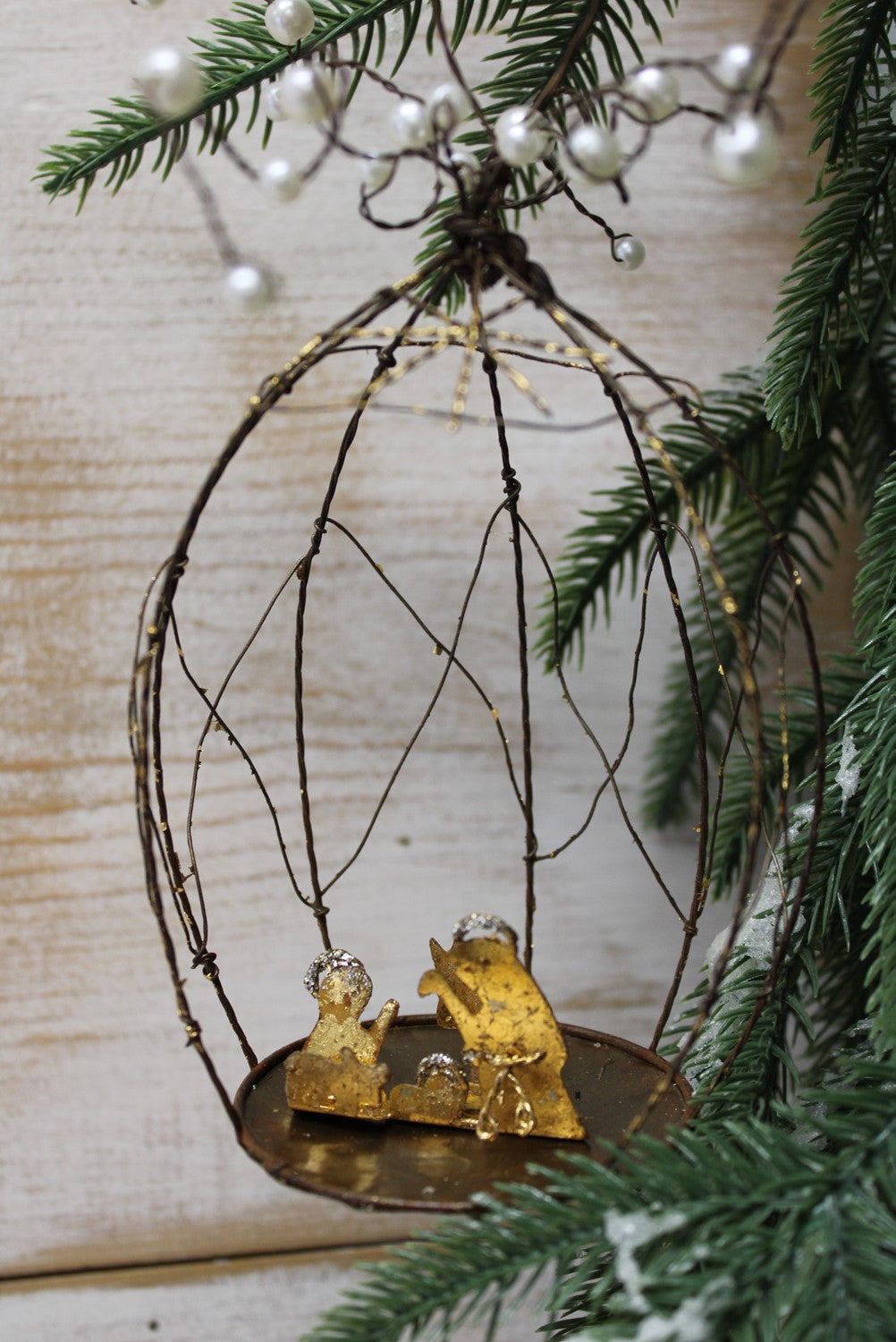 4x6.25" Wire Ornament w/ Pearls, Gold Nativity Silhouette, 4"Drop - Persnickety Shop