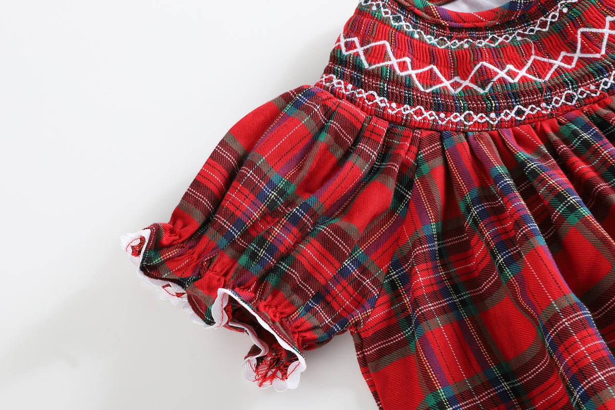 Lil Cactus Red Christmas Plaid Smocked Bishop Dress