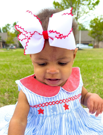 Wee Ones Medium Moonstitch Grosgrain Hair Bow with Contrasting Wrap Red/White - Persnickety Shop